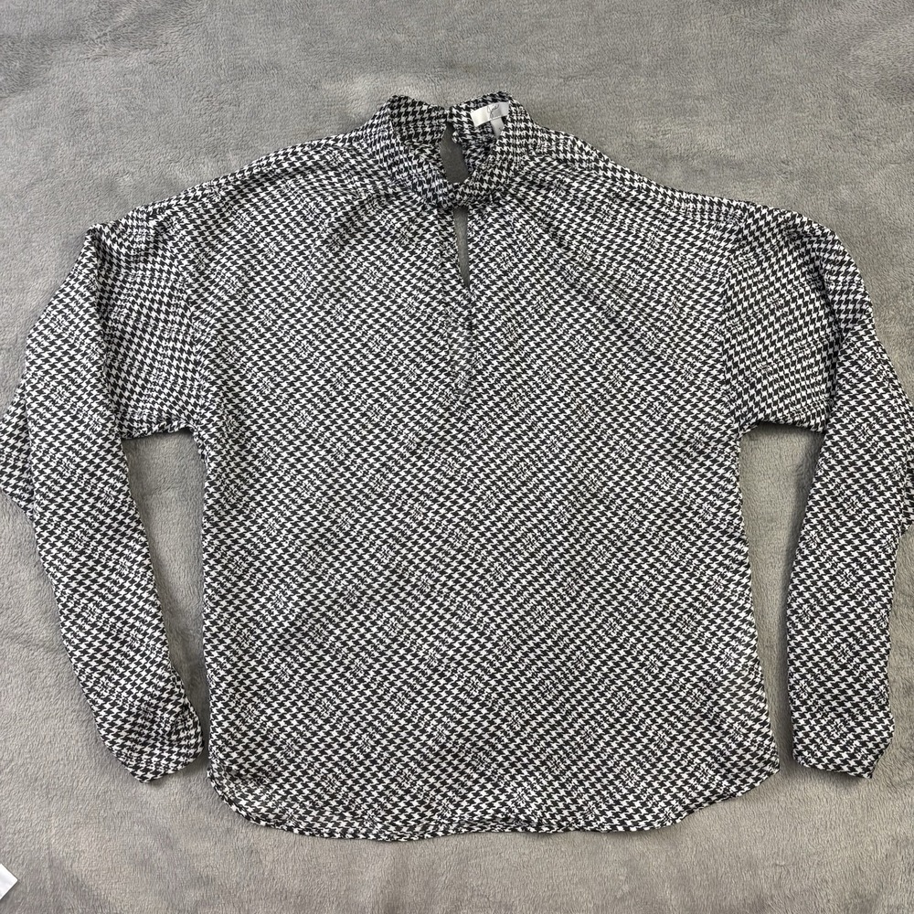 Joie Blouse Womens Small Deanna Caviar Key Hole Zip Rauched Cuff Houndstooth Top
